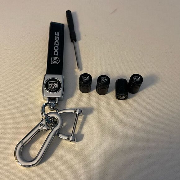 Dodge Logo Key Fob Keychain in Black Leather and Valve Stem Caps in Black NWT - Picture 4 of 5